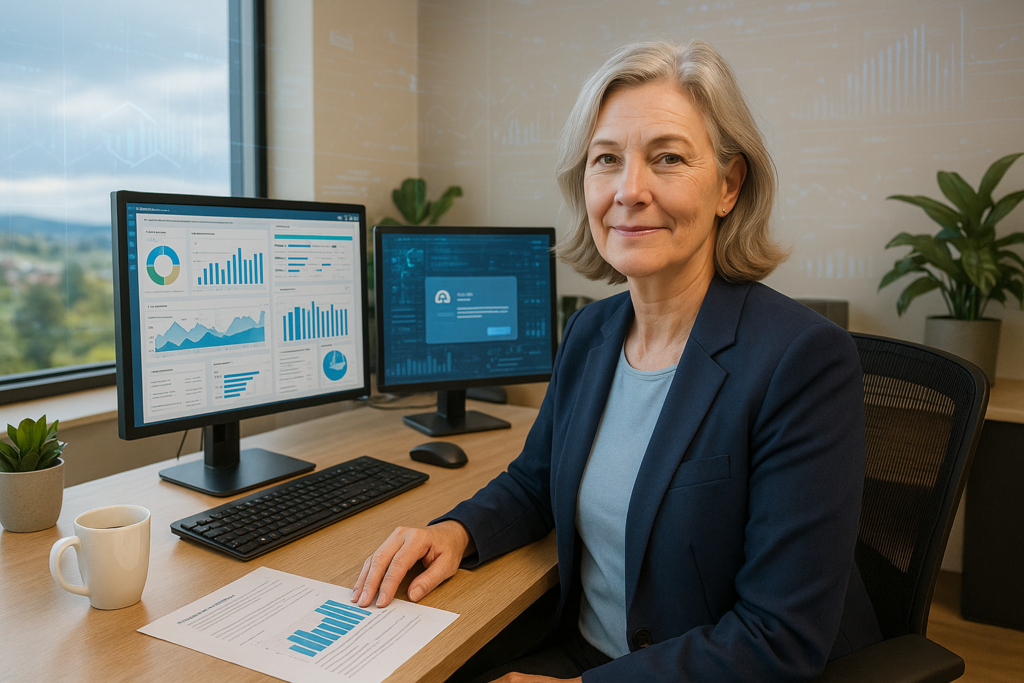 A confident mid-50s business consultant sits at a tidy desk in a modern South Canterbury office, surrounded by screens showing data dashboards and digital tools, representing AI advantages in speed, scale, and efficiency.