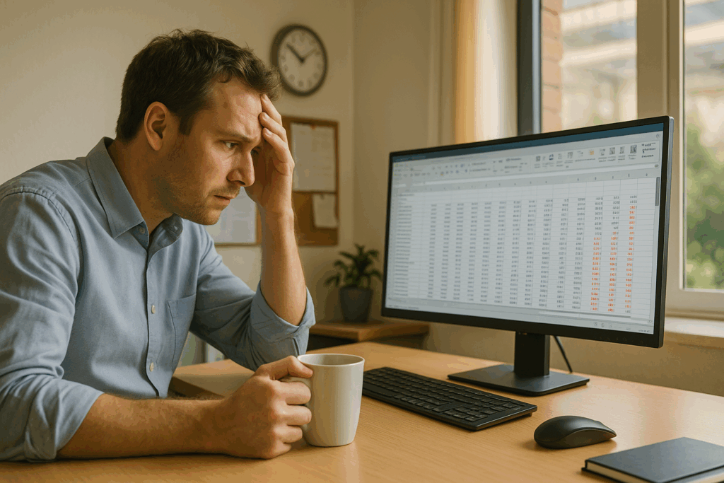 profit leakage. A stressed small business owner in a tidy New Zealand office sits at a desk with a coffee cup in hand, looking at a computer screen filled with a spreadsheet showing red numbers. Sunlight streams through the window, and a clock on the wall shows 1:50.
