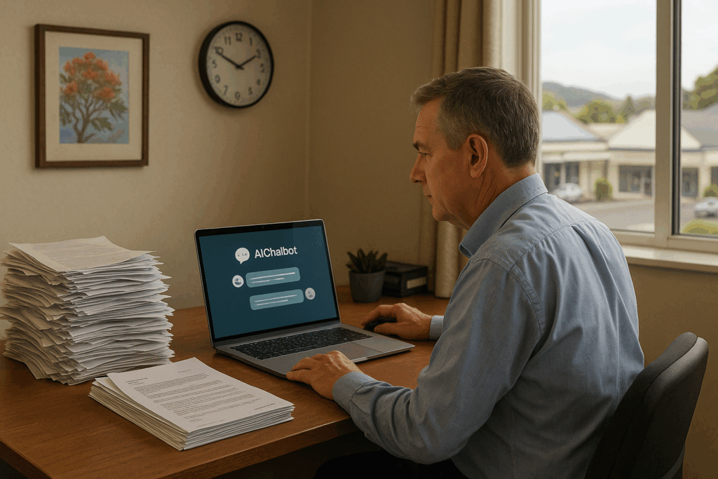 AI for small business NZ: A middle-aged New Zealand business owner sits at a desk with a laptop showing an AI chatbot interface. One side of the desk has piles of messy paper quotes, while the other has neatly stacked digital reports. A wall clock and a framed pohutukawa print highlight saved time and local context.