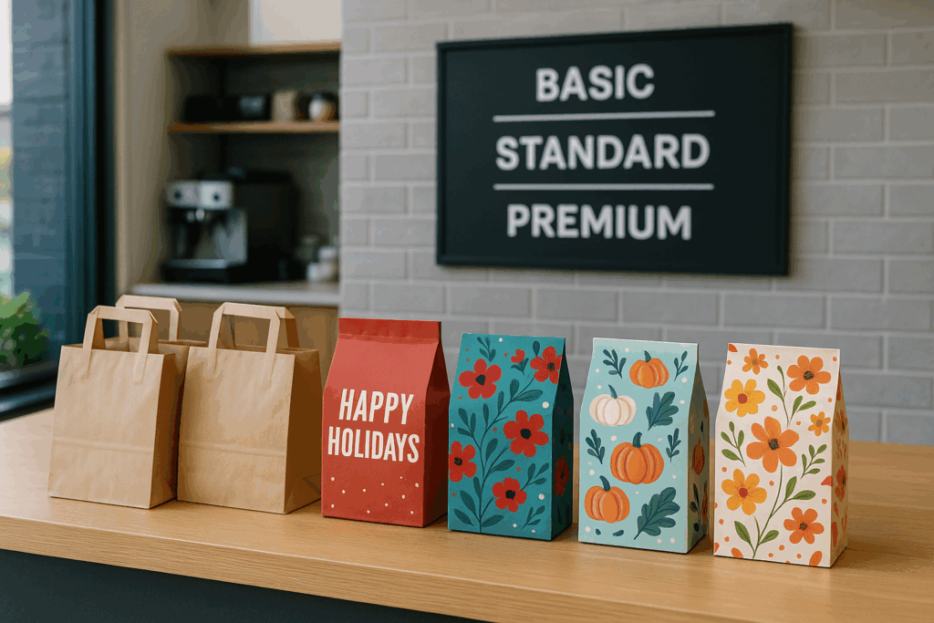 A shop counter in New Zealand displaying plain brown paper bags beside colourful seasonal packaging with floral and festive designs. A wall sign behind lists service tiers: Basic, Standard, Premium. The scene highlights product and service differentiation for small businesses. taylor swift marketing strategy small business