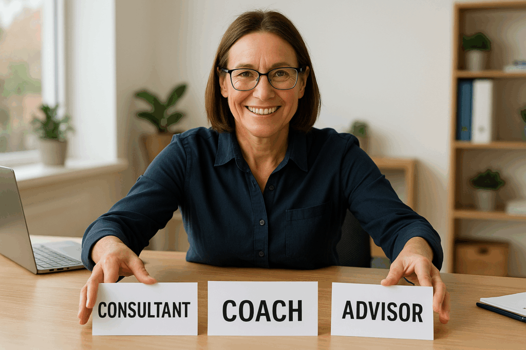 business consultant vs coach vs advisor; A smiling South Canterbury business owner sits at a desk in a bright office, reaching for three signs labelled Consultant, Coach, and Advisor.