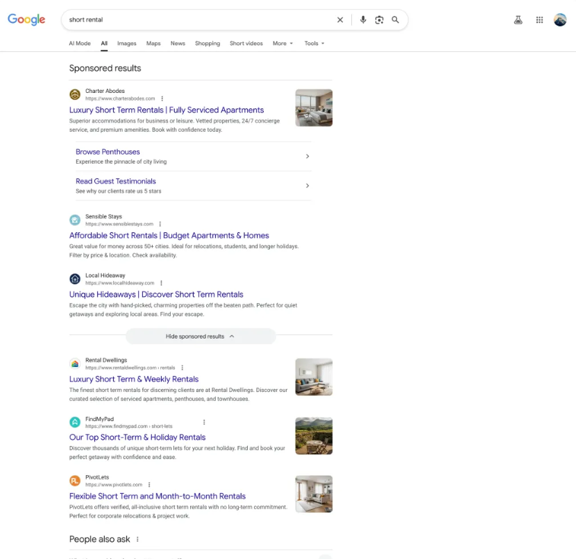Google search results page showing example of Google Collapsible Ads for short rental listings, including sponsored results from multiple rental companies. Source: Google.