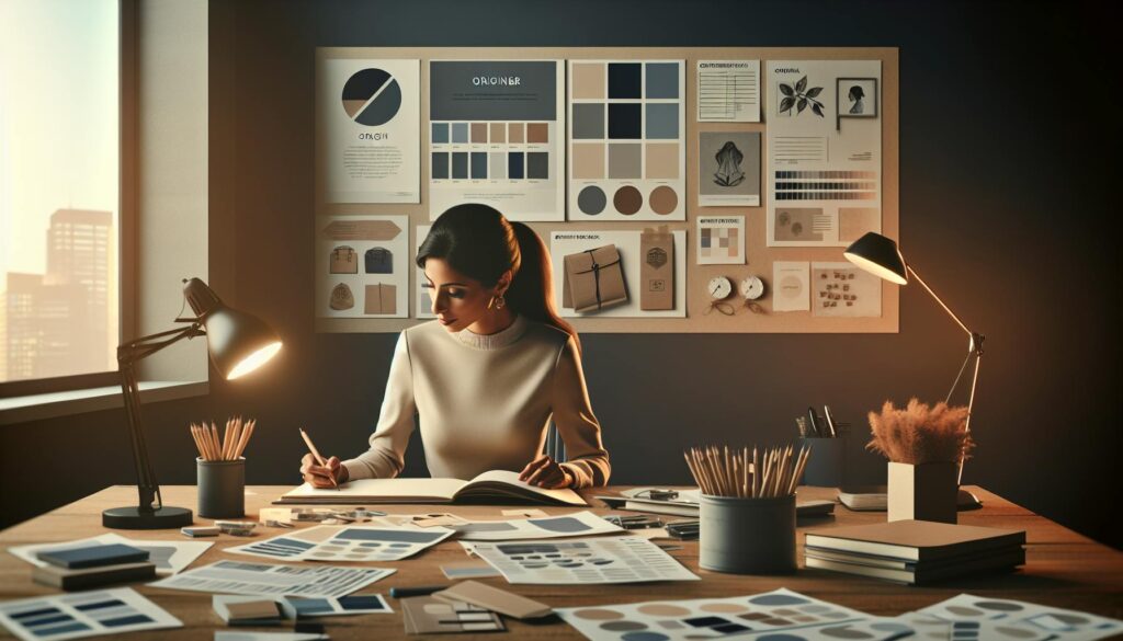 How to Build a Brand: A woman works at a neatly organised desk covered with design materials, sketchbooks, and colour samples, thoughtfully developing ideas for how to build a brand. The softly lit office features a mood board on the wall behind her, displaying packaging concepts, brand colours, and typography samples. The atmosphere is calm and focused, reflecting the creative process of brand development.