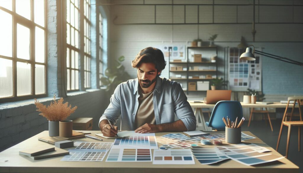 A man sits at a large wooden desk in a bright studio, surrounded by colour swatches, design samples, and notebooks, thoughtfully planning how to build a brand. The workspace features large industrial windows and shelves filled with creative materials, creating a calm and focused atmosphere for design work.
