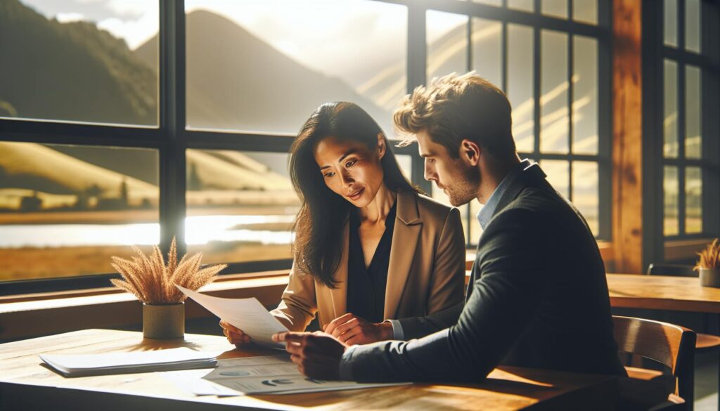 Two professionals review documents together in a sunlit office with scenic views through large windows, representing collaboration in identifying your brand values. The atmosphere suggests thoughtful discussion and strategic planning.