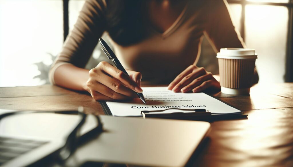 A person writes on a document titled "Core Business Values" while sitting at a wooden desk with a coffee cup and laptop nearby, symbolising the process of identifying your brand values. The warm lighting and focused posture convey reflection and clarity.