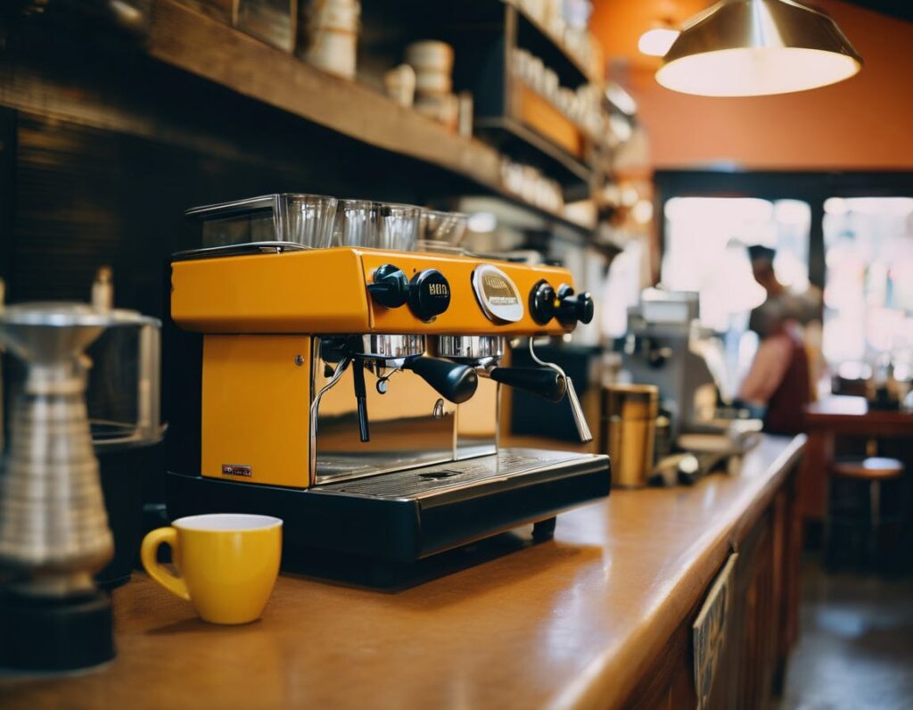 AI Business Advice vs Human Consultant: A bright yellow espresso machine on a café counter with a matching yellow mug beside it, set against shelves of coffee equipment and a softly blurred barista in the background.