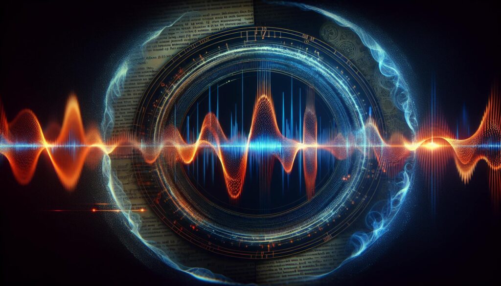 A stylised digital soundwave displayed inside a glowing circular interface with bright orange and blue audio patterns against a dark background, representing technology and voice copyright concepts.