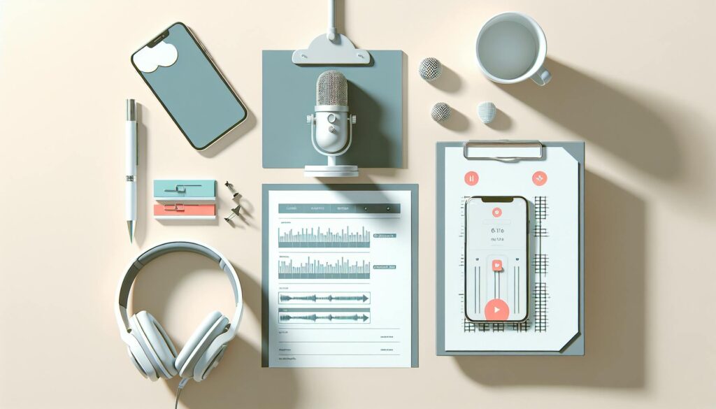 A flat-lay arrangement of podcasting tools including a microphone, headphones, a smartphone with a recording app and printed audio charts, reflecting organised production and voice copyright management.