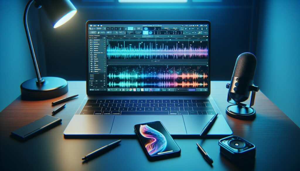 A laptop on a desk showing colourful audio editing software, surrounded by a microphone, phone and stationery, capturing the feel of producing recordings connected with voice copyright.