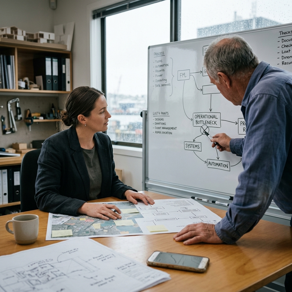 Business Coaching vs Business Consulting, showing a consultant working with a business owner to identify operational bottlenecks, systems and opportunities for automation.
